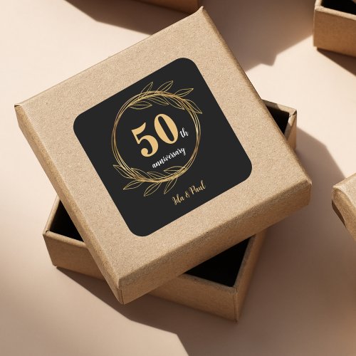 Elegant Black Gold Leaf 50th Wedding Anniversary Square Sticker
