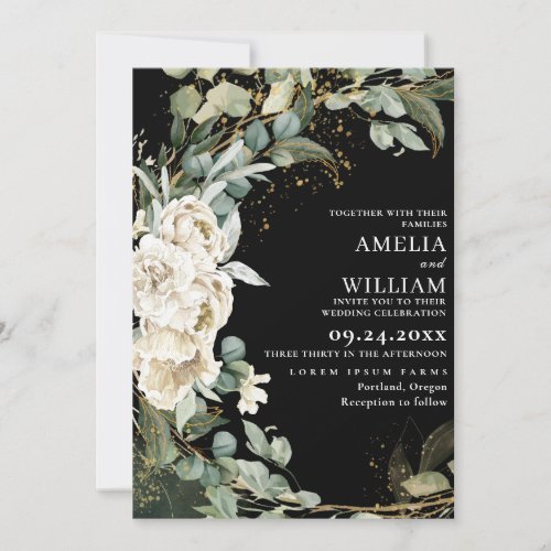 Elegant black gold leaf Eucalyptus Wedding Invitation