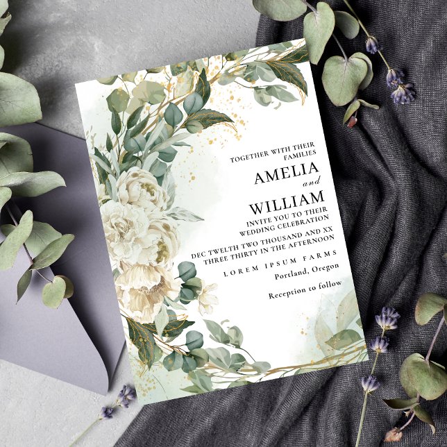 Elegant black gold leaf Eucalyptus Wedding Invitation (Creator Uploaded)