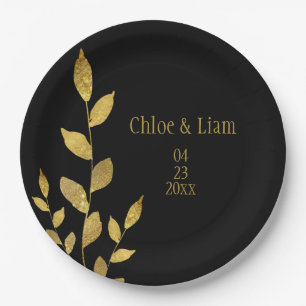Elegant Black Gold Leaf Modern Chic Wedding Paper Plates