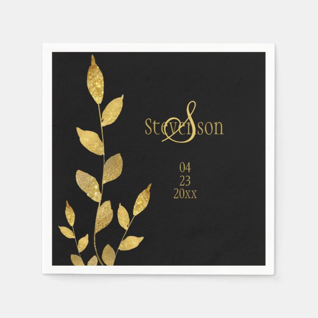 Elegant Black Gold Leaf Modern Monogram Wedding Napkins (Front)
