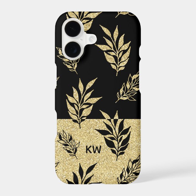Elegant Black & Gold Leaf Pattern Custom Monogram iPhone Case (Back)