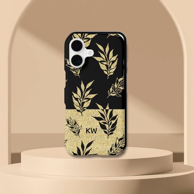 Elegant Black & Gold Leaf Pattern Custom Monogram iPhone Case (Creator Uploaded)