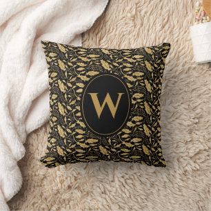 Elegant Black Gold Leaf Vintage Pattern Throw Pillow