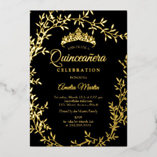 Elegant Black Gold Leaf Wreath Quinceanera Foil Invitation