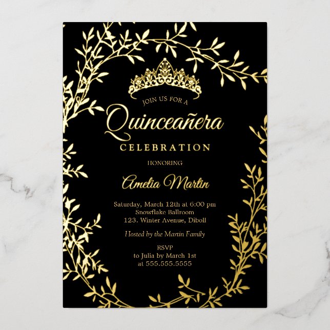 Elegant Black Gold Leaf Wreath Quinceanera Foil Invitation (Front)