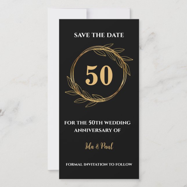 Elegant Black Gold Leaves 50th Wedding Anniversary Save The Date (Front)