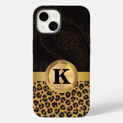 Elegant Black Gold Leopard Animal Print Monogram Case_Mate iPhone 14 Case
