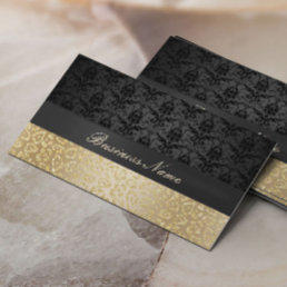 Elegant Black &amp; Gold Leopard Print Damask Business Card