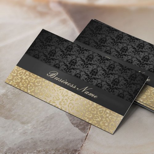 Elegant Black  Gold Leopard Print Damask Business Card