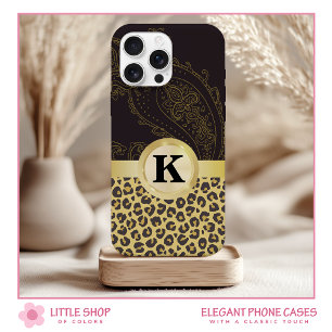 Elegant Black Gold Leopard Print Monogram iPhone 15 Case