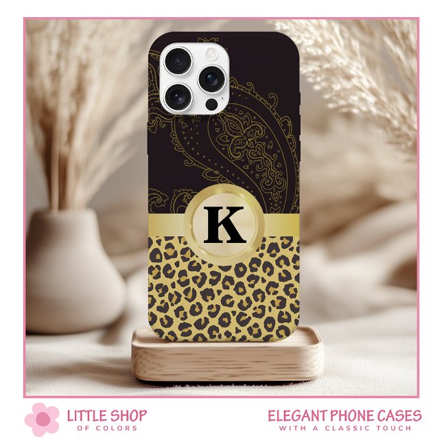 Elegant Black Gold Leopard Print Monogram Case-Mate iPhone Case (Creator Uploaded)