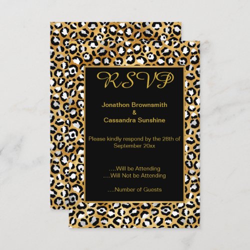 ELEGANT BLACK GOLD LEOPARD PRINT RSVP  INVITATION