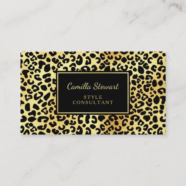 Elegant Black Gold Leopard Print Style Consultant Business Card (Front)