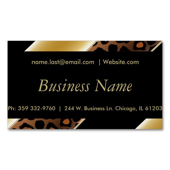 Elegant Black & Gold Leopard Stripes Business Card Magnet (Front)