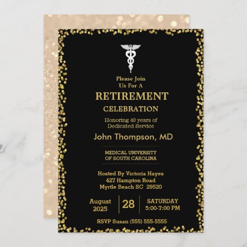 Elegant  Black  Gold Lights Doctor Retirement  Invitation