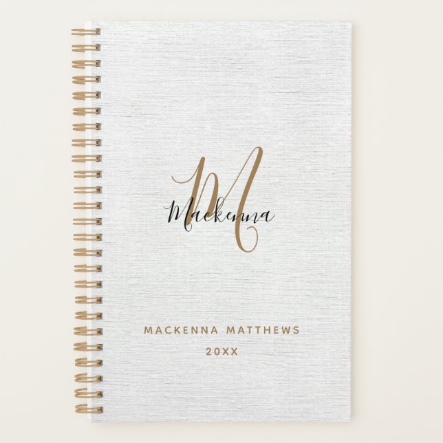 Elegant Black Gold Linen Modern Monogram Name Planner (Front)