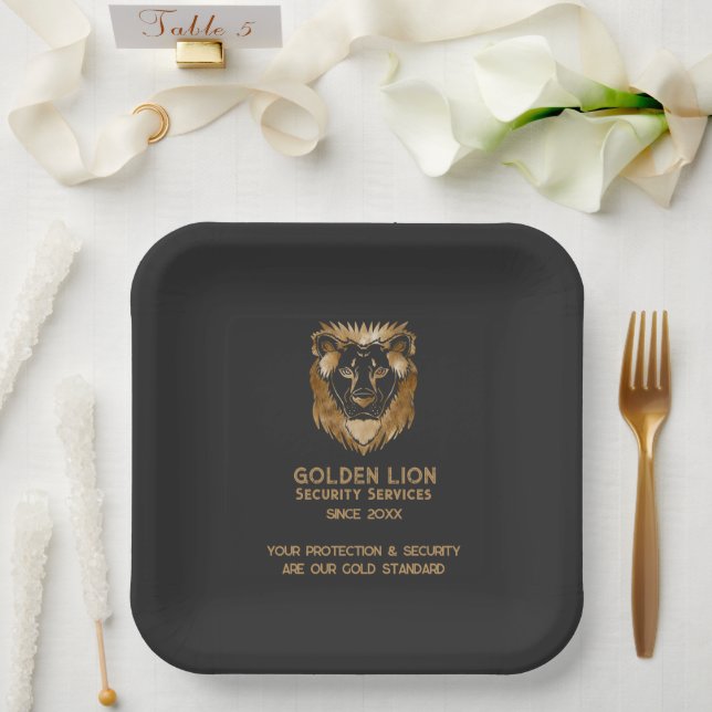 Elegant Black Gold Lion Luxe Business Logo Paper Plates (Wedding)