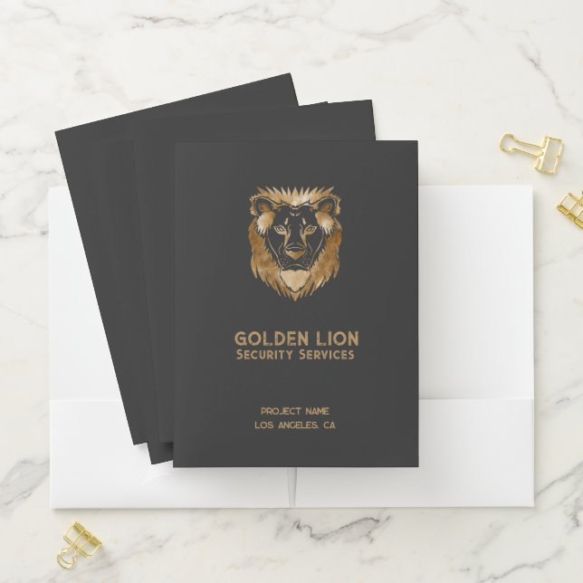Elegant Black Gold Lion Security Services Business Pocket Folder (In Situ)