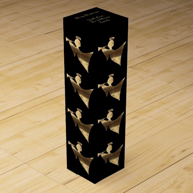 Elegant Black Gold Look Angel Pattern Wine Box (Front)