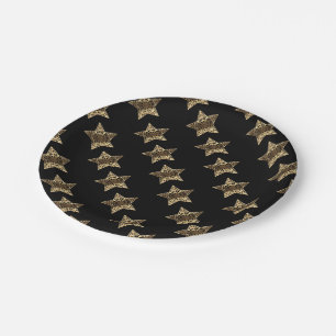 Elegant Black Gold Look Christmas Stars Pattern Paper Plates