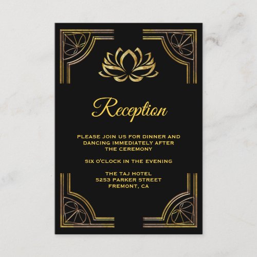 Elegant Black Gold Lotus Flower Wedding Reception Enclosure Card