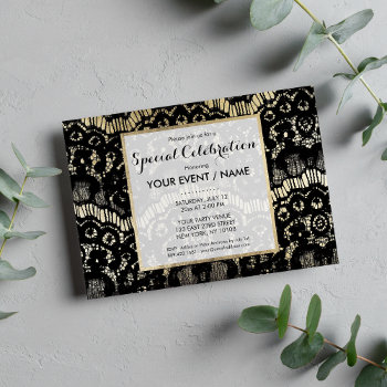 Elegant Black Gold Luxury Floral Lace Event Invitation by kicksdesign at Zazzle