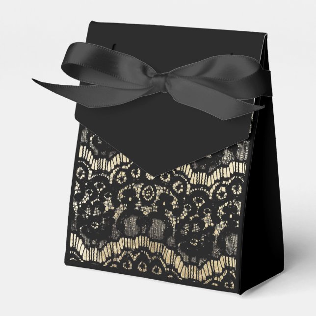 Elegant black gold luxury french floral lace favor boxes (Front Side)