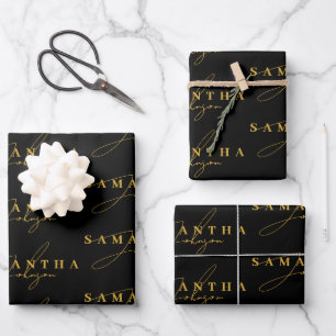 Elegant Black & Gold Luxury Signature Script Wrapping Paper Sheets