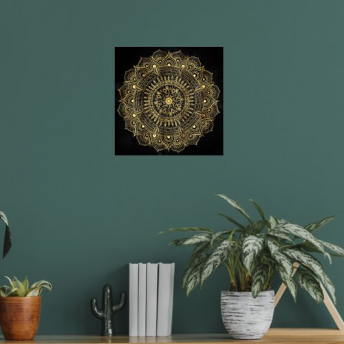 Elegant Black Gold Mandala Floral Design Foil Prints