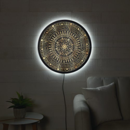 Elegant Black Gold Mandala Floral Design LED Sign