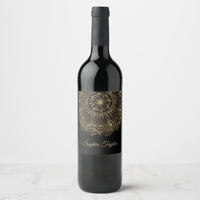 Elegant Black Gold Mandala Floral Design Wine Label (Front)