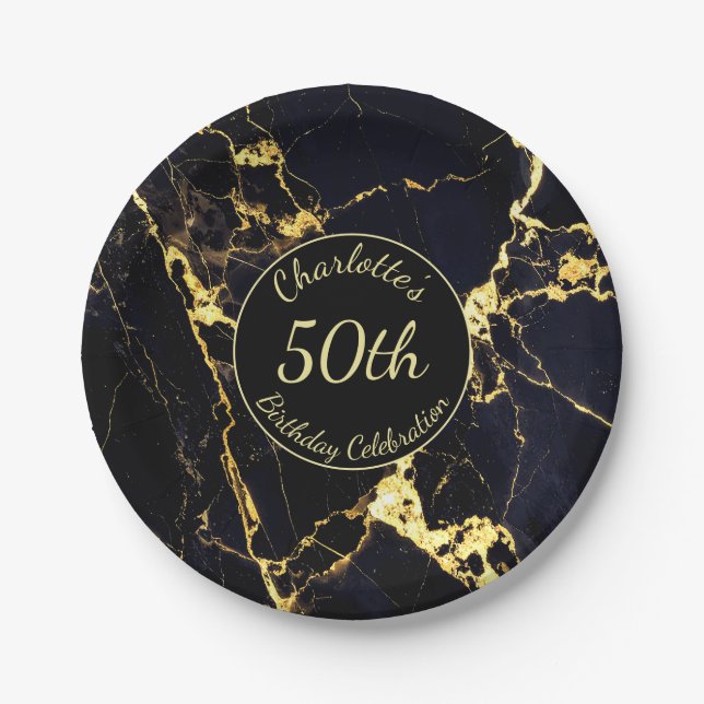 Elegant Black & Gold Marble 50th Birthday Paper Plates (Front)