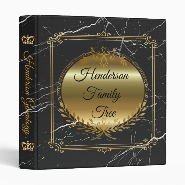 Elegant Black Gold Marble Family Tree Binder (Front/Spine)