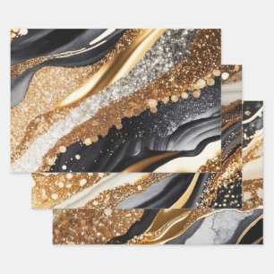 Elegant Black Gold Marble Glitter Abstract Art Wrapping Paper Sheets