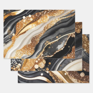 Elegant Black Gold Marble Glitter Abstract Art Wrapping Paper Sheets