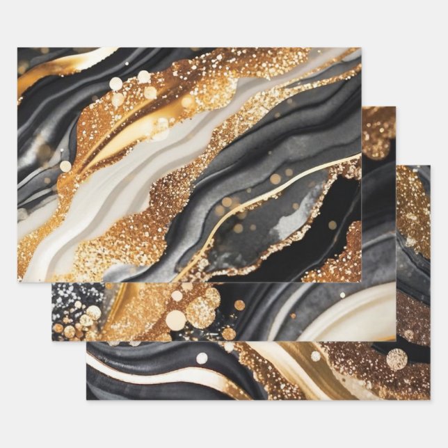 Elegant Black Gold Marble Glitter Abstract Art Wrapping Paper Sheets (Set)