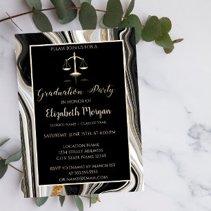 Elegant Black Gold Marble Law School Graduation  Invitation