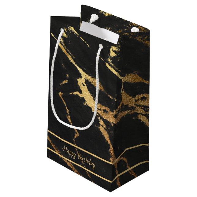 Elegant Black & Gold Marble Look | Editable Text Small Gift Bag (Back Angled)