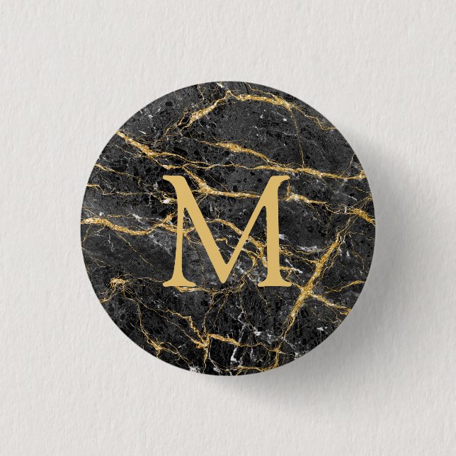 Elegant Black Gold Marble Monogram  Button (Front)