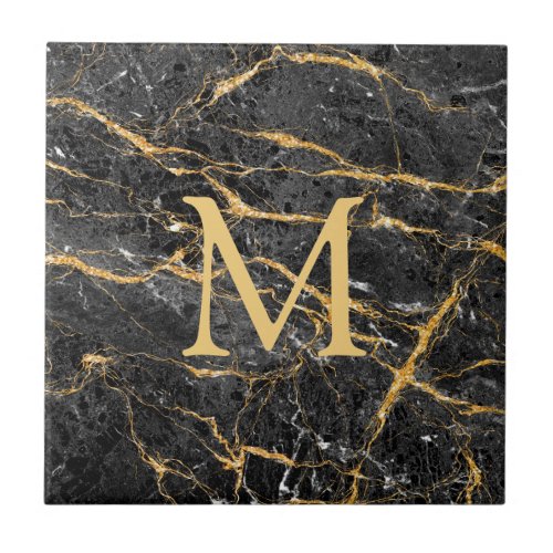 Elegant Black Gold Marble Monogram  Ceramic Tile