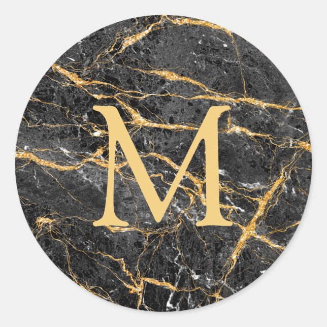 Elegant Black Gold Marble Monogram  Classic Round Sticker (Front)