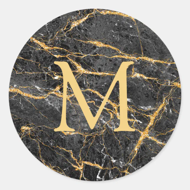 Elegant Black Gold Marble Monogram Classic Round Sticker | Zazzle