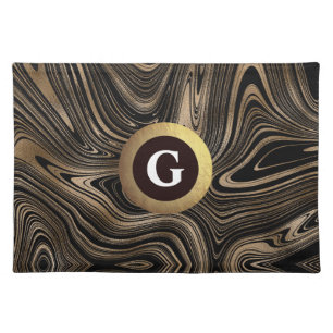 Elegant black gold marble monogram cloth placemat