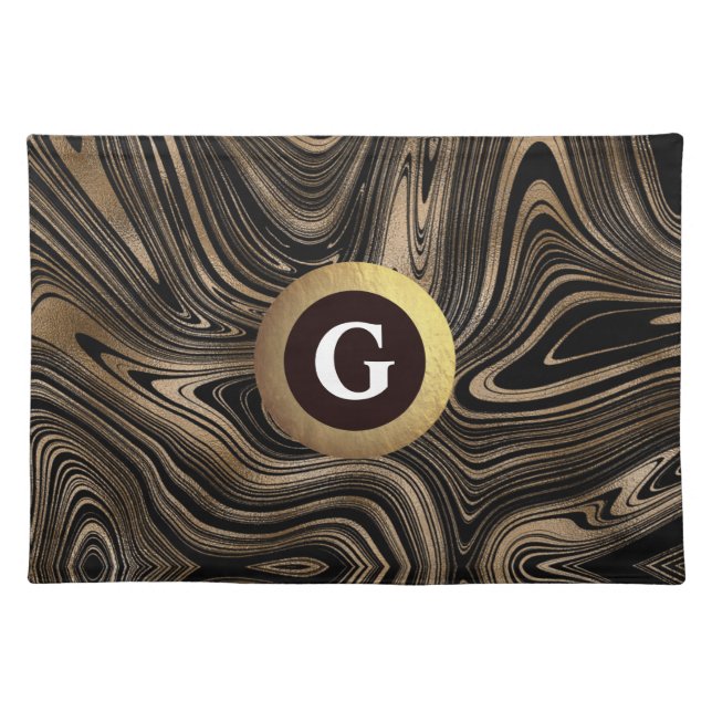 Elegant black gold marble monogram cloth placemat (Front)