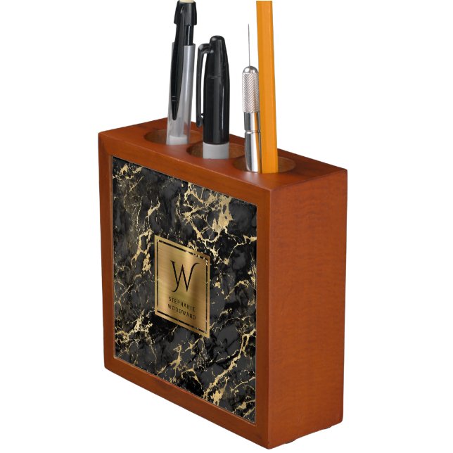 Elegant Black Gold Marble Monogram Desk Organizer (In Situ)