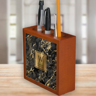 Elegant Black Gold Marble Monogram Desk Organizer