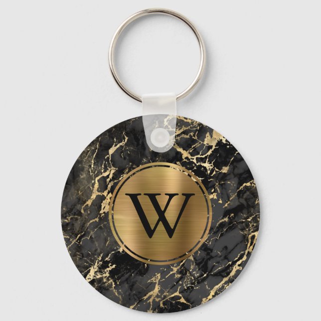 Elegant Black Gold Marble Monogram Keychain (Front)