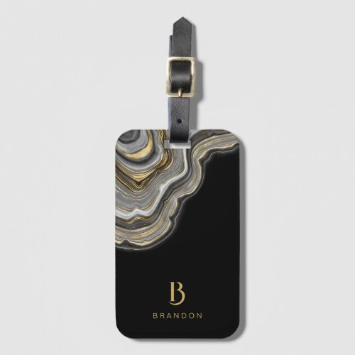 Elegant Black Gold Marble Monogram Luggage Tag