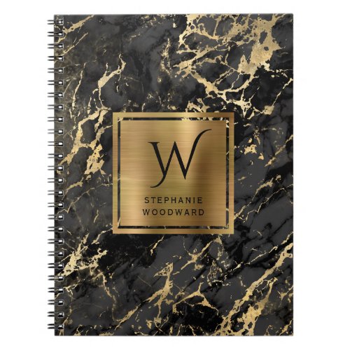 Elegant Black Gold Marble Monogram Notebook